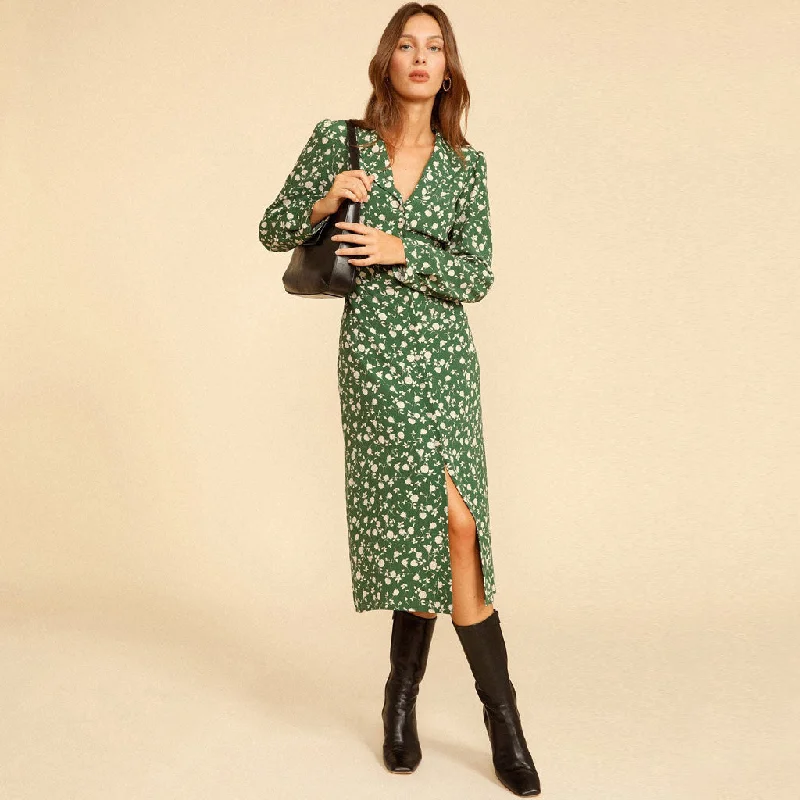Savings Event Vintage Long Sleeve Button Front V Neck Midi Floral Dress - Green