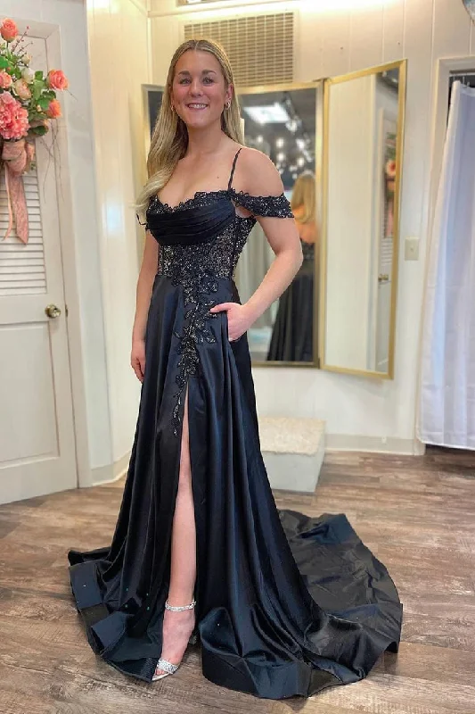 Clearance Items Black Satin Cold Shoulder Long Prom Dresses with Pockets
