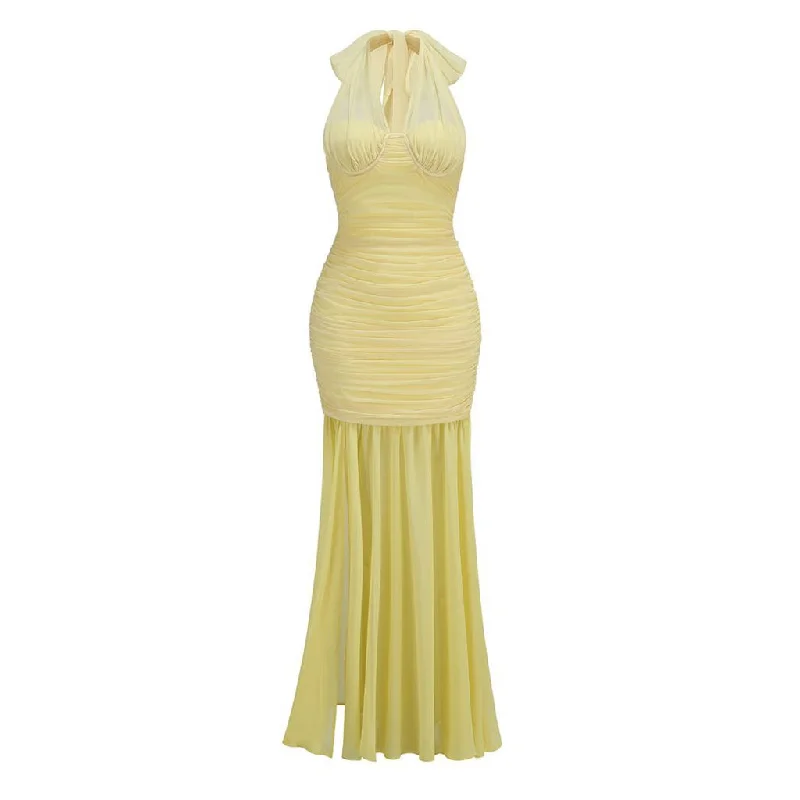 Markdowns Versatile Scarf Halter Neck Mesh Ruched Split Chiffon Maxi Formal Dress