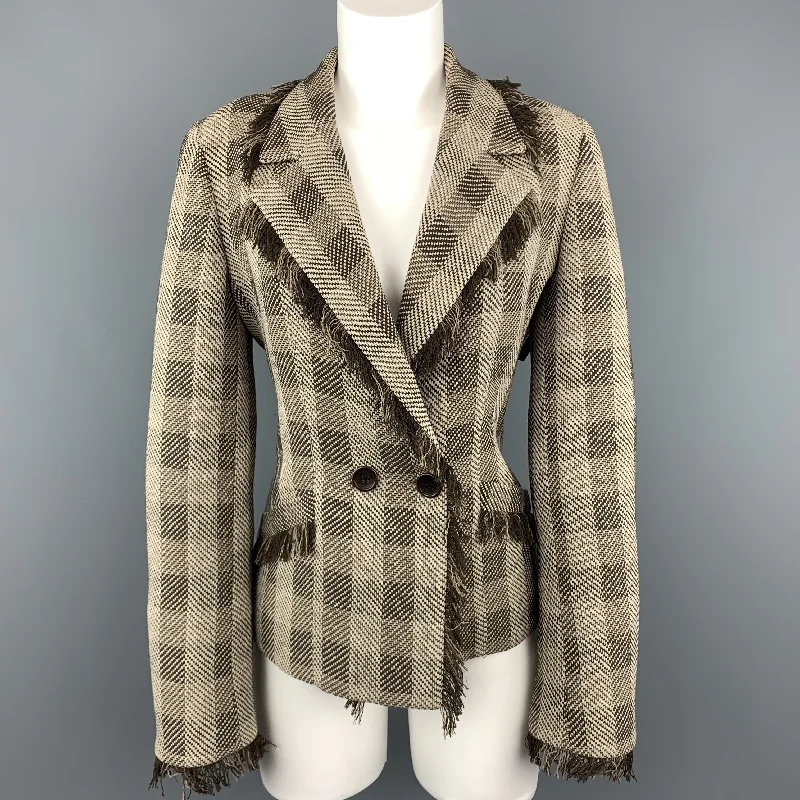 ARMANI COLLEZIONI Size 8 Taupe & Brown Plaid  Fringe Trim Jacket