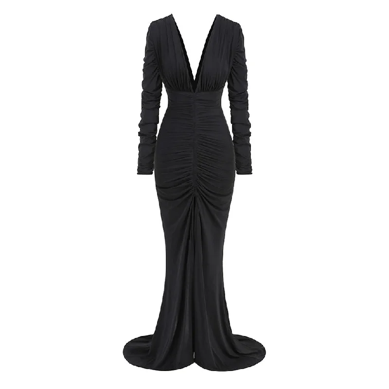 Take Advantage Sexy Deep V Neck Ruched Long Sleeve Split Fishtail Maxi Evening Dress