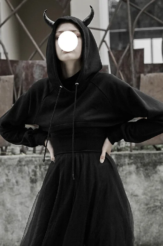 Don't Miss Black Demon Horn Decoration Long Sleeves Lace-Up Hooded Women's Gothic Coat