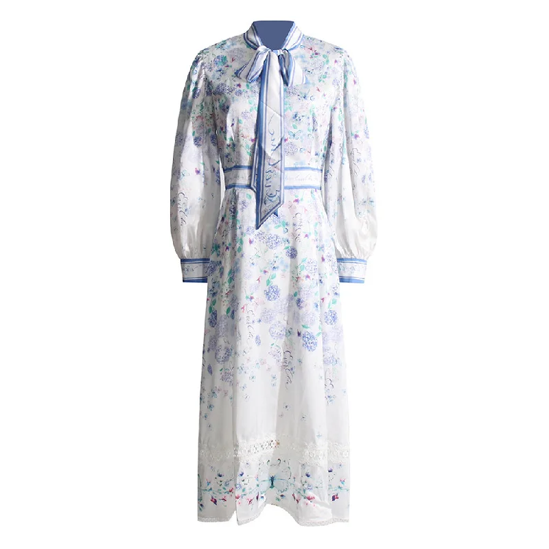 Special Price French Style Bow Tie Front Bishop Sleeve Floral Printed Midi Vacation Dress