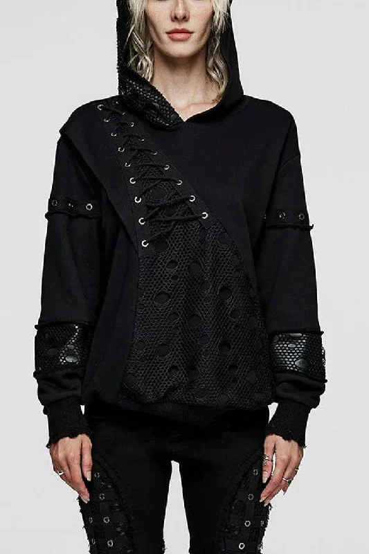 Super Sale Black Long Sleeves Print Metal Eyelet Lace-Up Hooded Womens Steampunk Jacket