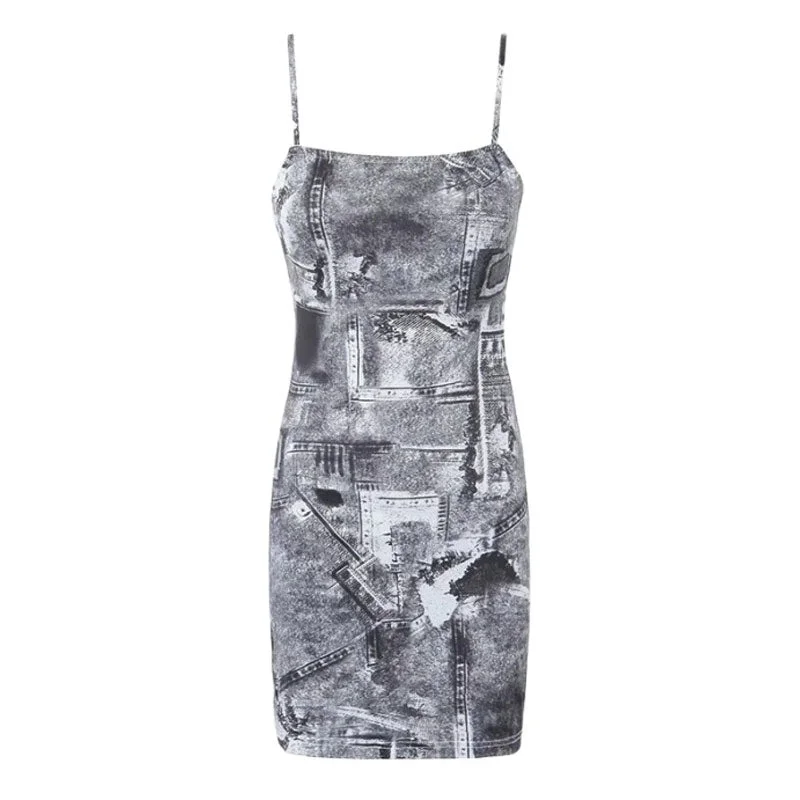Lowest Prices Sexy Square Neck Spaghetti Strap Abstract Print Bodycon Mini Sundress