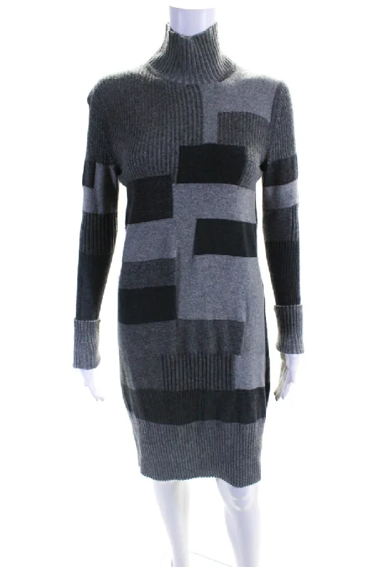 Chloe Womens Long Sleeve Ribbed Trim Mock Neck Sweater Dress Gray