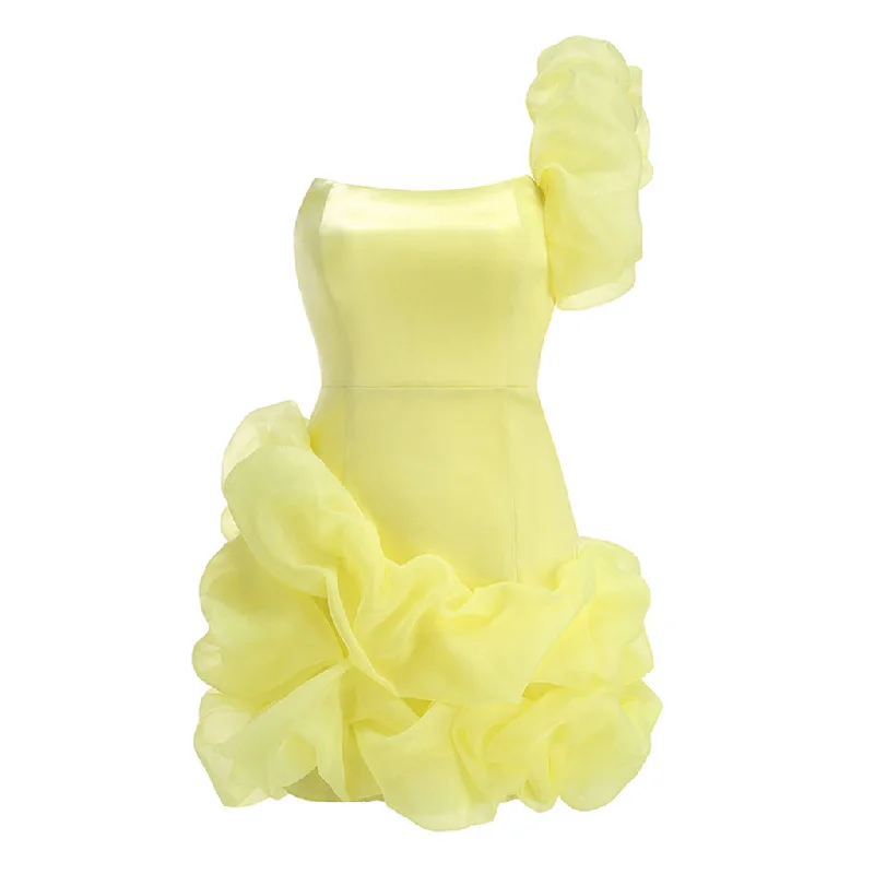 Midnight Sale Voluminous Ruffle Organza One Shoulder Bodycon Satin Mini Party Dress