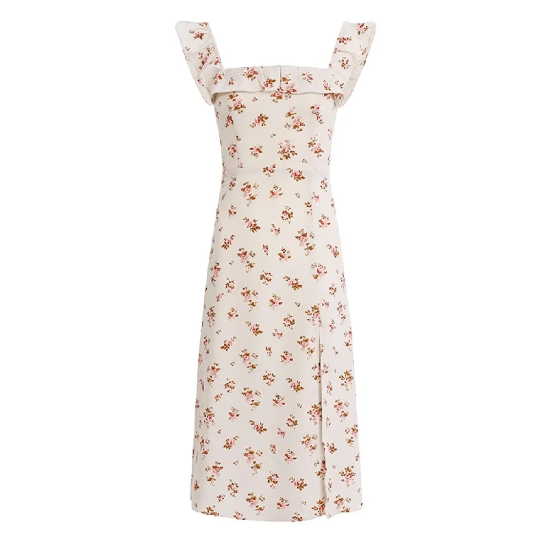 Sale Event Vintage Ruffle Square Neck Sleeveless Split Midi Floral Print Sundress