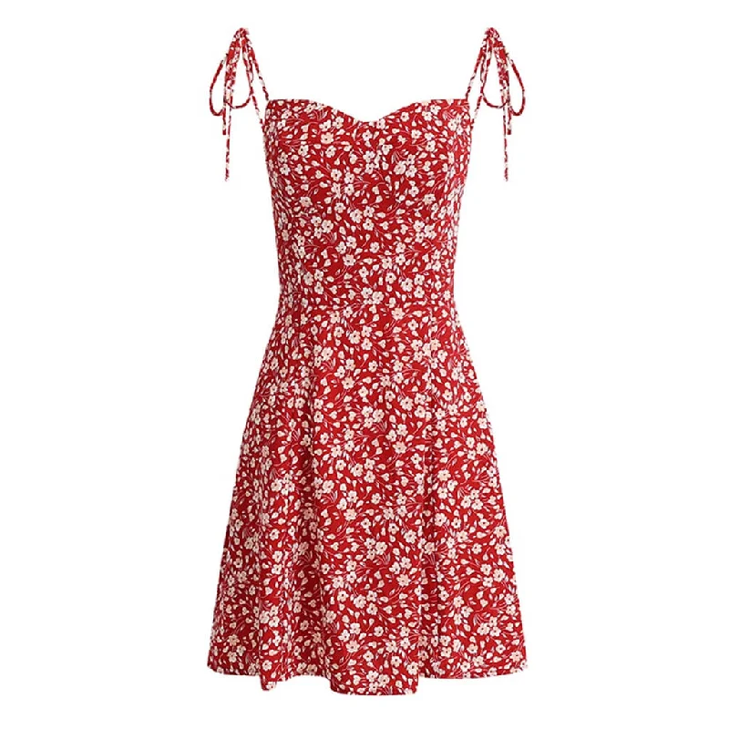 Special Price Sexy Sweetheart Neck Tie Strap Smocked Mini Floral Printed Sundress