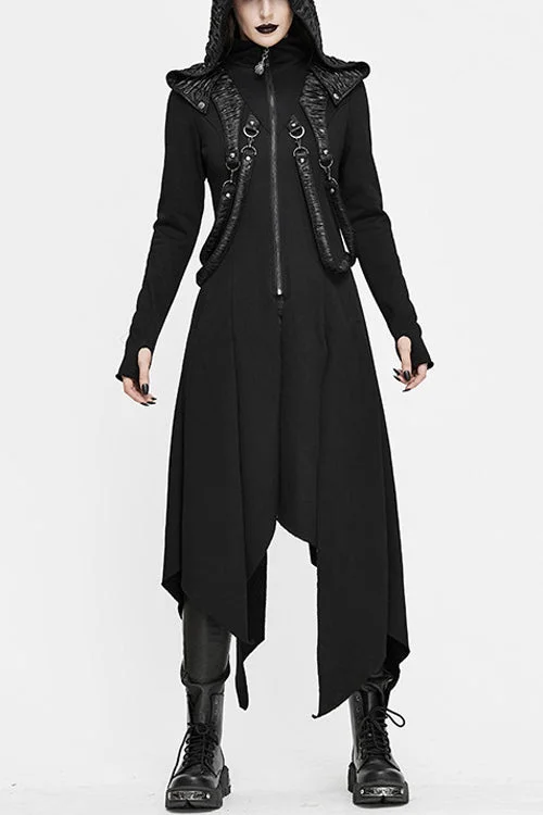 Black Hooded Slim Knitted Long Womens Punk Coat