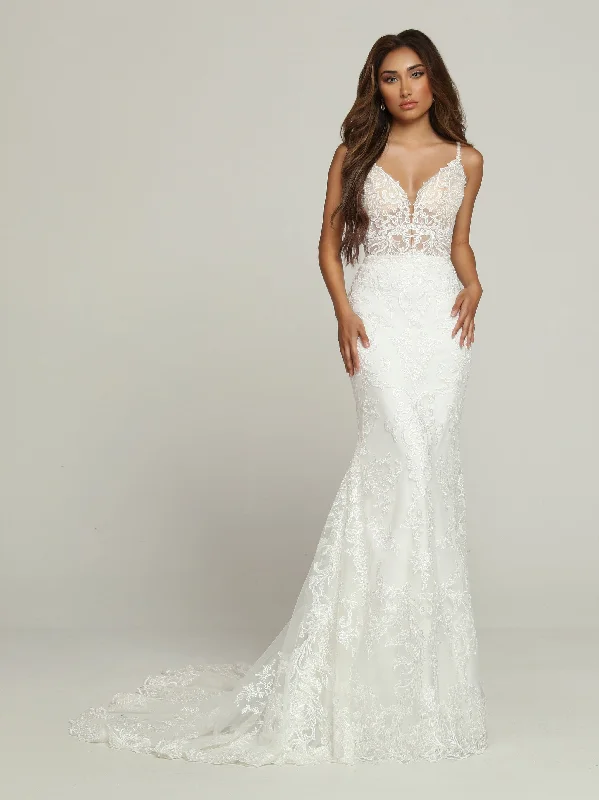 Davinci Bridal 50700 Long Sheer Lace V Neck Wedding Dress Flare Bridal Gown Cutout Back