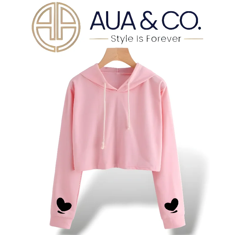 Year-End Sale Stylish Women's Crop Hoodie - Pink with Black Heart Design | By AUA&CO