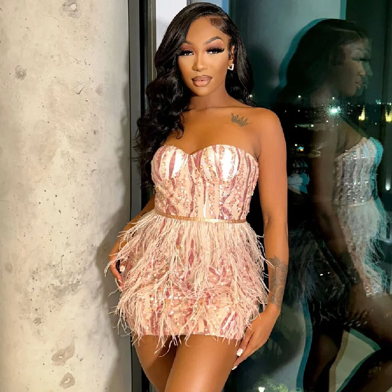 Customer Appreciation Sale Regal Crystal Sequined Embellished Bodycon Faux Feather Mini Tube Dress