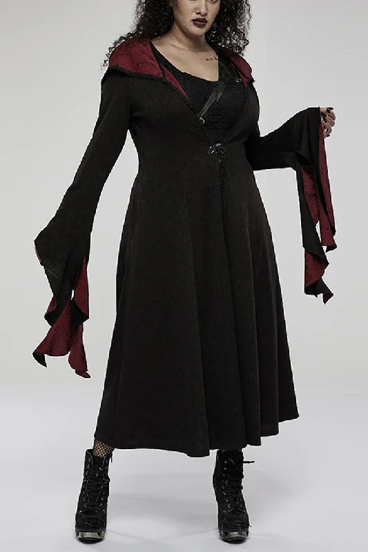 Black/Red Knitted Long Sleeves Big Hat Mystery Witch Rose Pattern Women's Gothic Coat