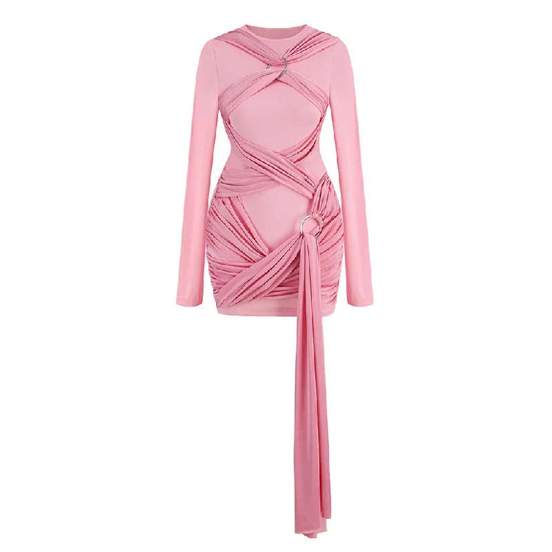 Buy Now Funky Crew Neck Long Sleeve O Ring Draped Ruched Bodycon Party Mini Dress