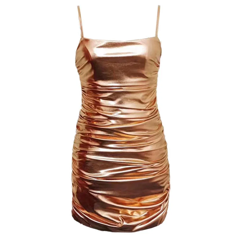 Unbeatable Prices Metallic Spaghetti Strap Ruched Bodycon Club Mini Dress - Gold