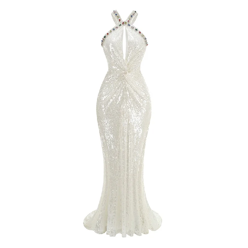 Best Seller Radiant Jewel Embellished Twist Cutout Sleeveless Sequin Fishtail Maxi Dress