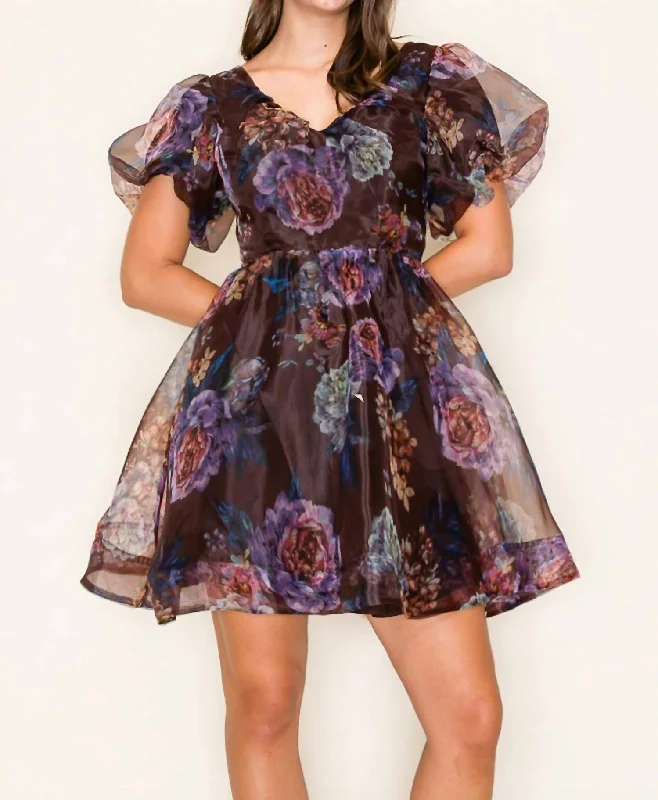 Floral Party Dress In Brown/purple/sage