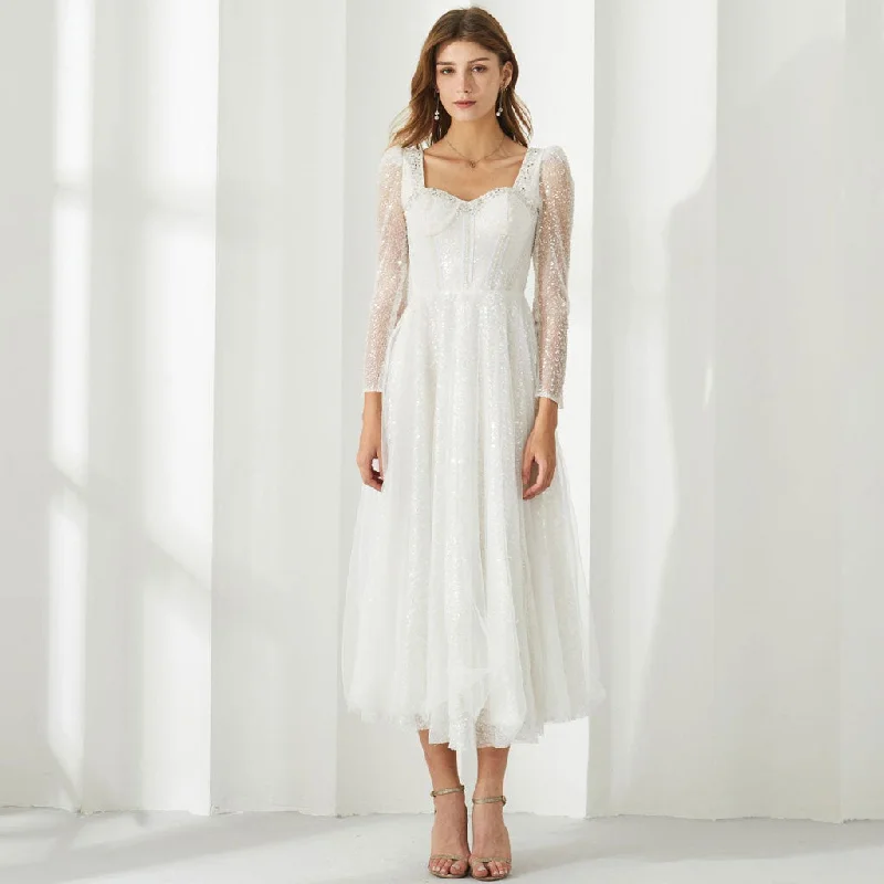 Best Deals Fairy Sweetheart Neck Sheer Puff Sleeve Corset Sequin Midi Tulle Dress