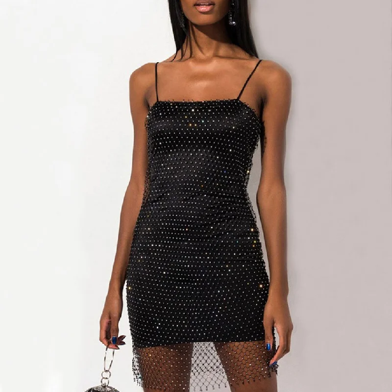 Special Offer Sparkly Mesh Diamante Spaghetti Strap Bodycon Mini Dress - Black
