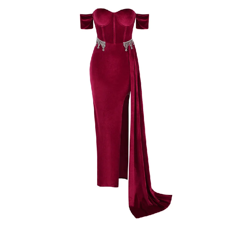 YEAR-End Sale Luxury Crystal Embellished Off The Shoulder Sweetheart Corset Split Maxi Velvet Dress