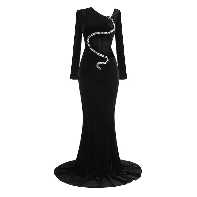 Quick Sale Asymmetric Cutout Crystal Snake Padded Shoulder Velvet Fishtail Maxi Dress