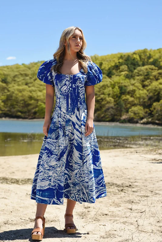 Online Only Blue Printmaking Scoop Neck Cotton Midi Dress