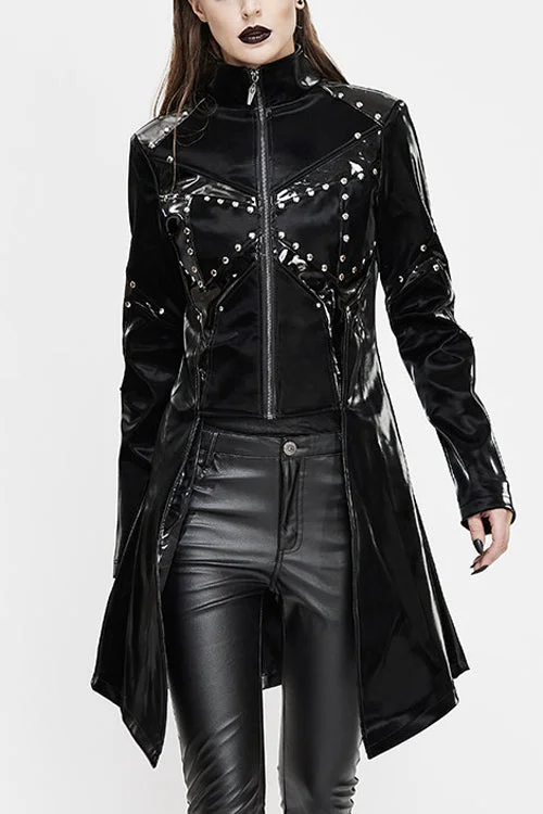 Black Rivet Bright Leather Zipper Long Womens Punk Coat