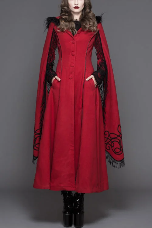 Red Winter Hand Embroidered Shawl Double Sided Long Womens Gothic Coat