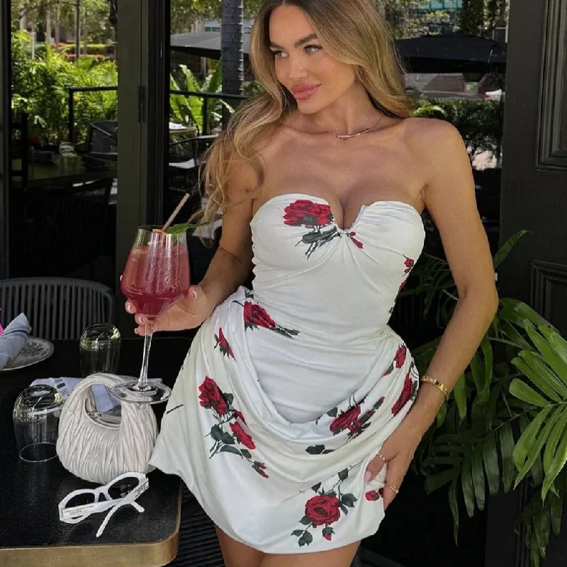Doorbuster Deal Romantic Rose Print Draped Drop Waist Bodycon Notch Strapless Mini Dress