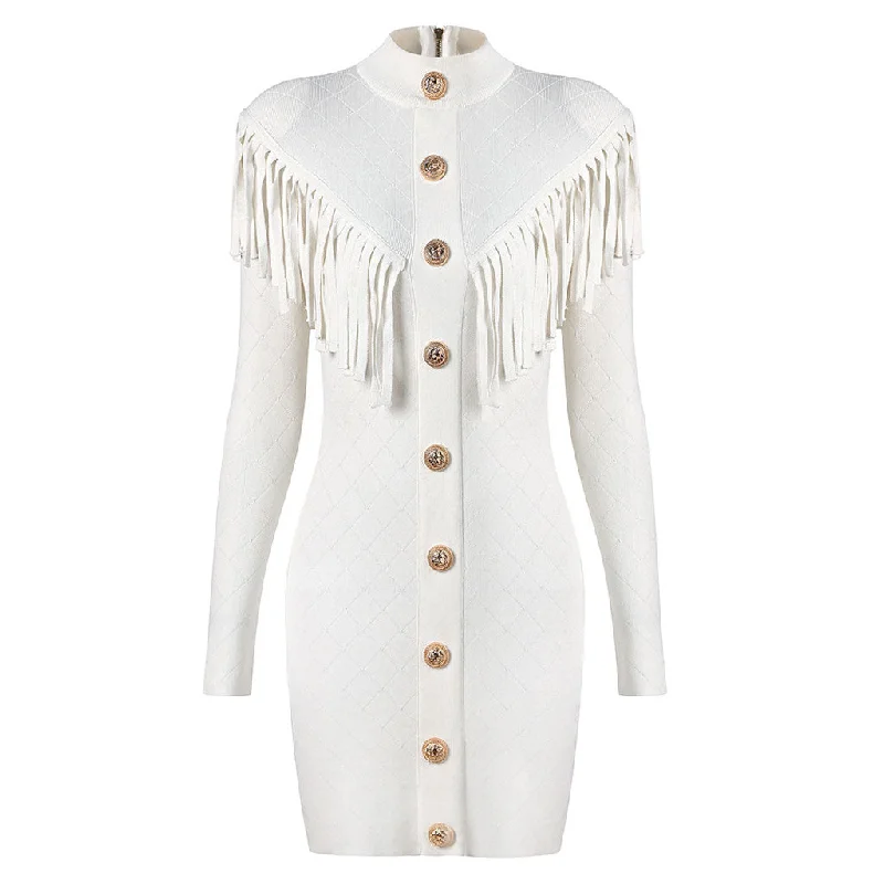 The Best Prices Military Mock Neck Metallic Button Fringe Long Sleeve Bodycon Sweater Mini Dress