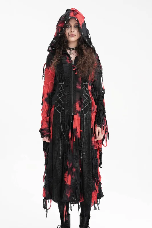 Closeout Black/Red Long Sleeves Lace Ripped Zipper Women's Punk Coat