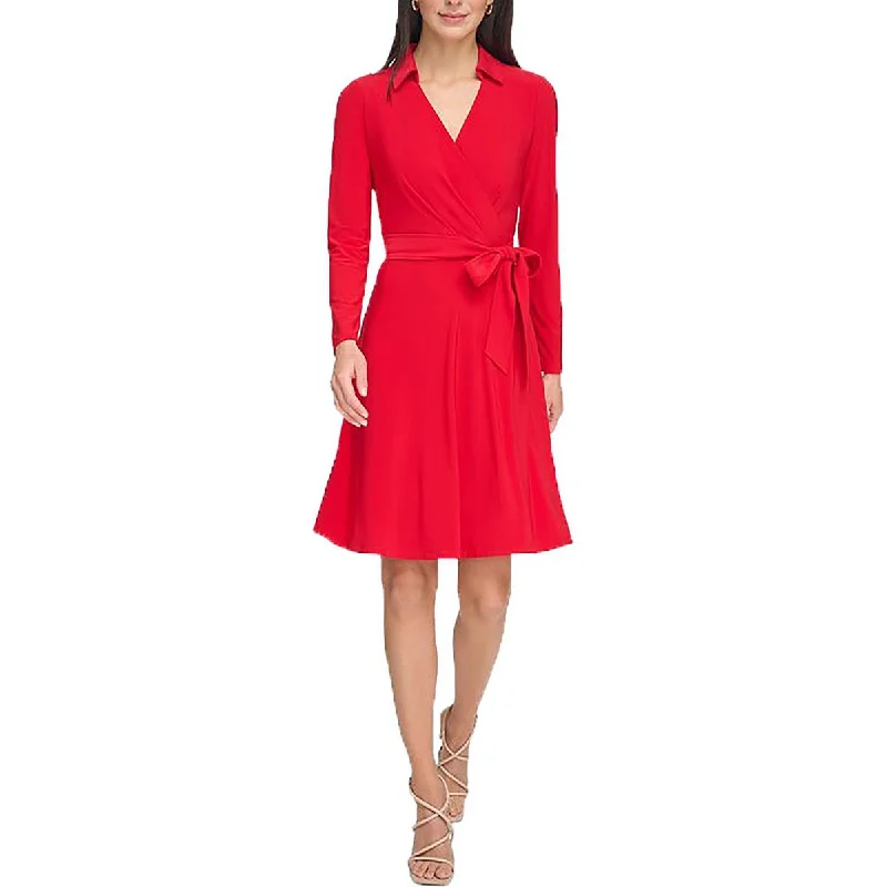 Womens Collared Above Knee Wrap Dress