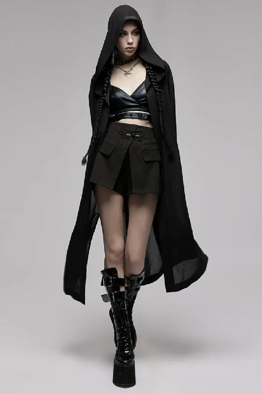 Crazy Deals Black Dark Pattern Print Hooded Women's Gothic Coat