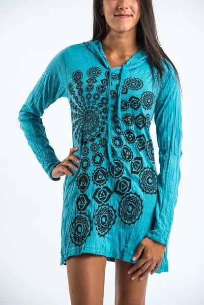 Sure Design Women's Chakra Fractal Hoodie Dress Turquoise