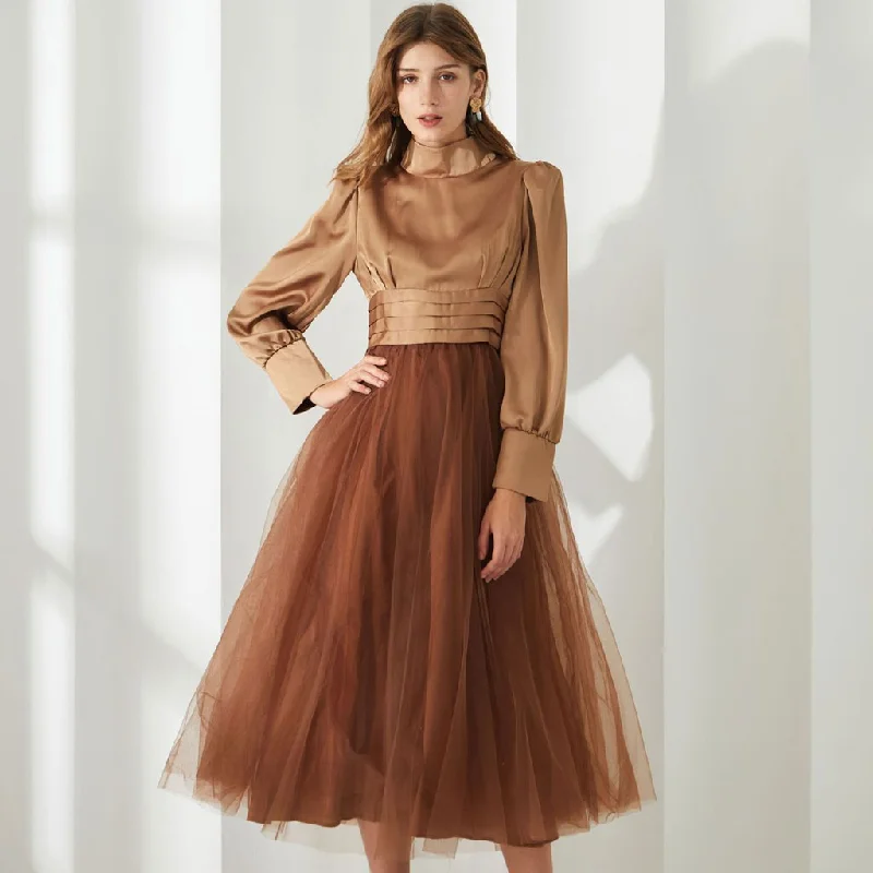 Exclusive Online Offer Opulent Two Tone Mock Neck Pleated High Waist Puff Sleeve Midi Dress Exclusive Online Offer Opulent Two Tone Mock Neck Pleated High Waist Puff Sleeve Midi Dress