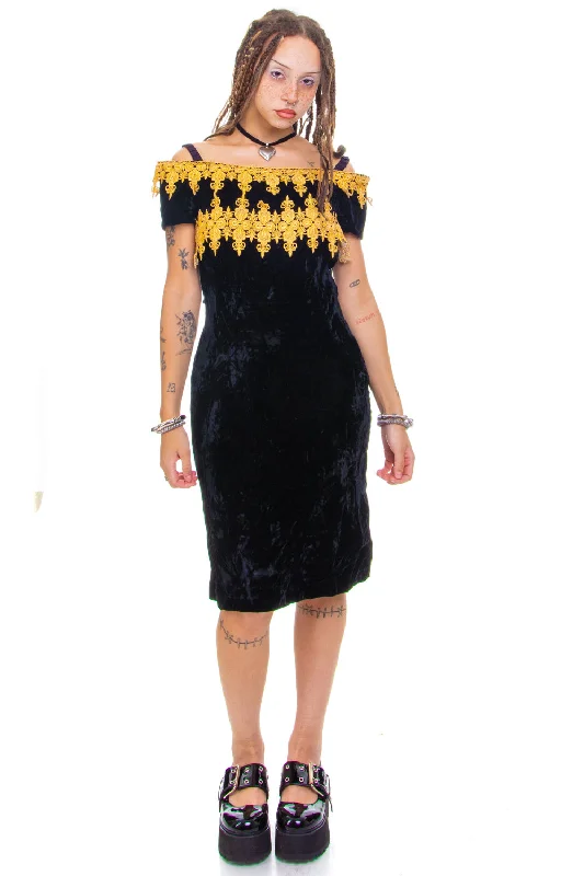 Vintage 80's Velvet & Gold Dress - S/M