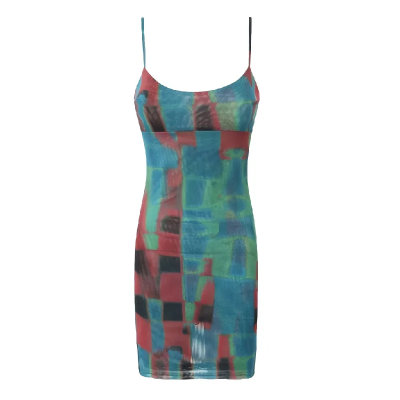 One-DAY Sale Abstract Print Scoop Neck Spaghetti Strap Mesh Bodycon Mini Sundress