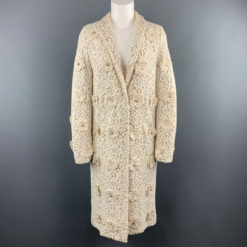 Special Buy CHLOE Size 4 Cream Lace Faux Pearl Flower Notch Lapel Evening Coat
