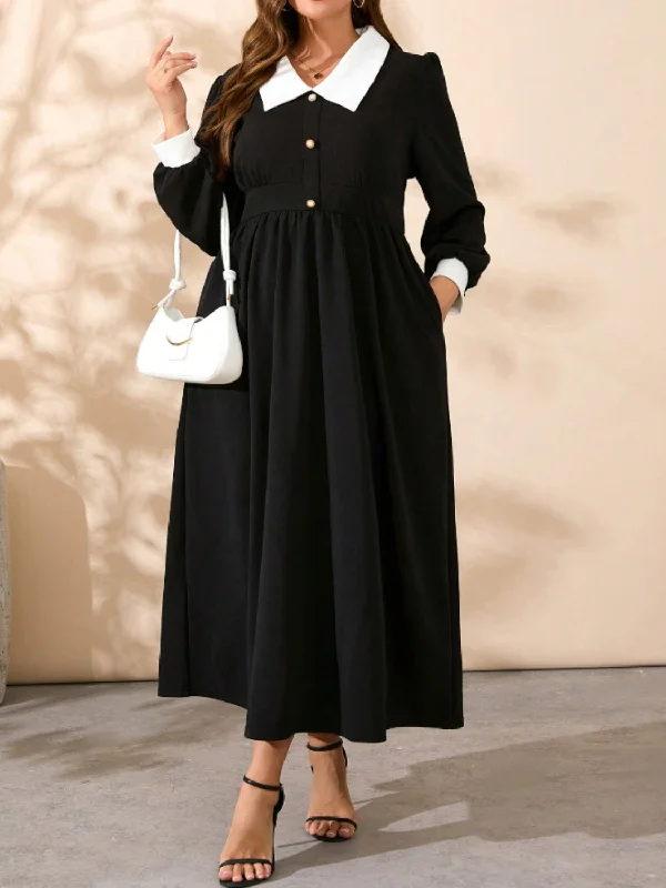 Today's Special Plus Size Contrast Collared Neck Long Sleeve Midi Dress