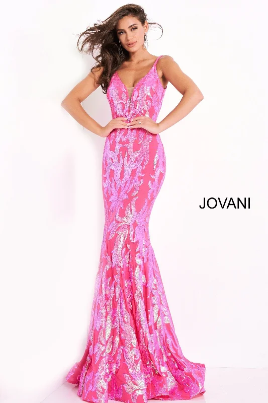 Jovani 3263 Size 2 Hot Pink Prom Dress Long Fitted Mermaid Sequin Pageant Gown V Back