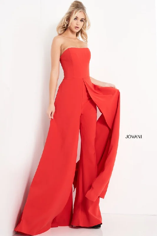 Jovani 03529 Red Jumpsuit Wide Leg Side Overlays Strapless Straight Neckline