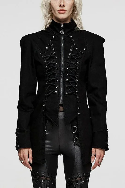 Reduced Prices Black Denim Eyelet Rope Stand Collar Zipper Slim Irregular Womens Steampunk Coat