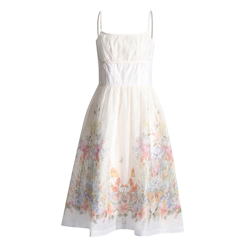 Extra Savings French Style Square Neck Smocked Corset Floral Printed Midi Sundress