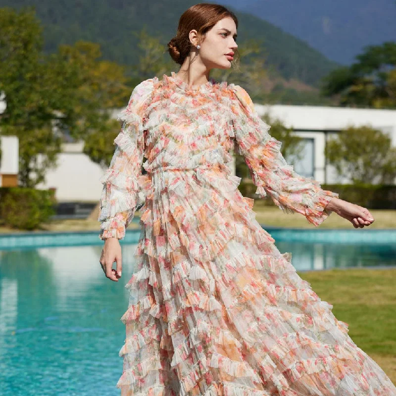 Limited Time Offer French Style Crew Neck 3/4 Sleeve A Line Printed Floral Tulle Ruffle Maxi Dress