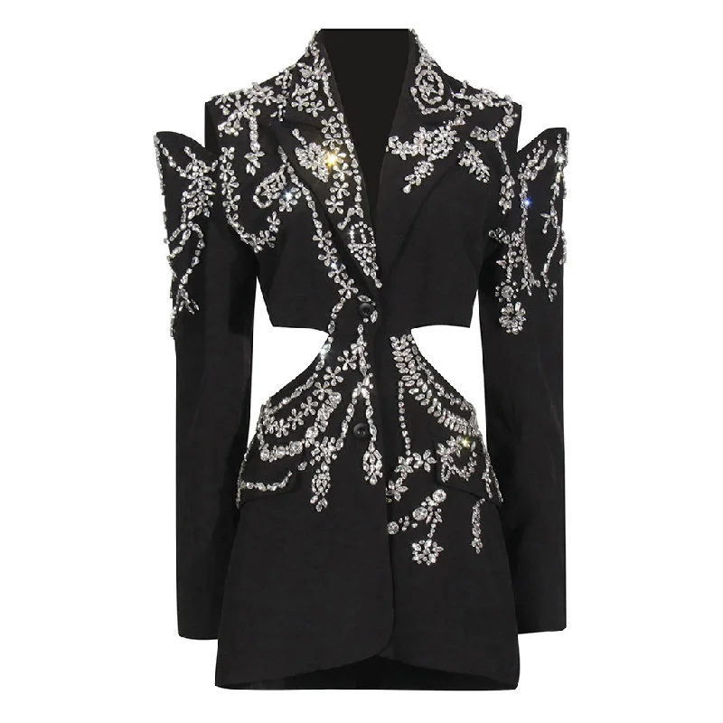Bargain Prices Opulent Crystal Embellished Lapel Cutout Long Sleeve Blazer Mini Dress