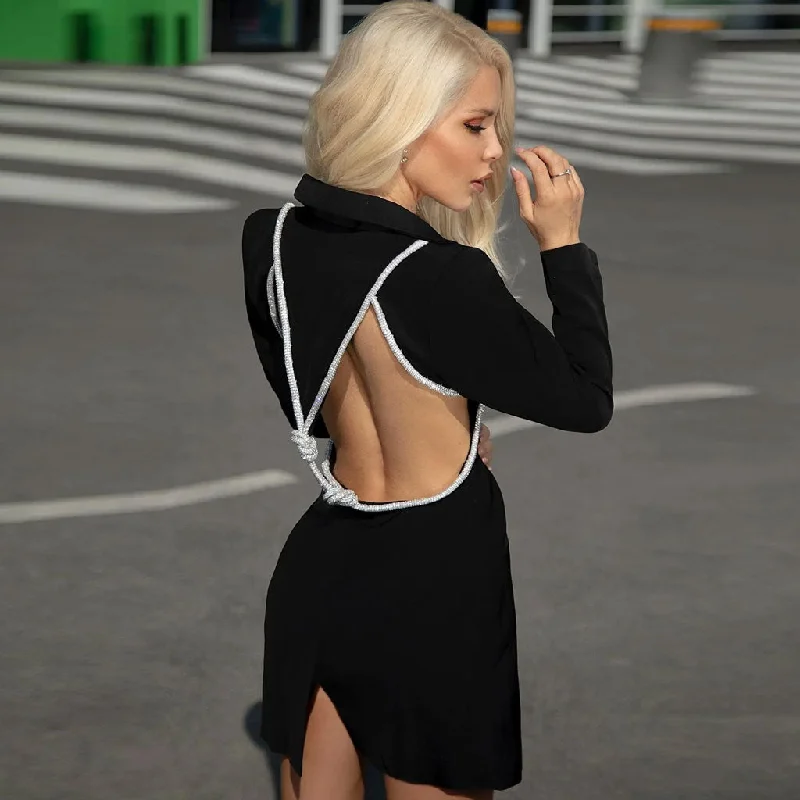 Deal Dash Crystal Knot Backless Single Breasted Tailored Blazer Mini Dress - Black Deal Dash Crystal Knot Backless Single Breasted Tailored Blazer Mini Dress - Black