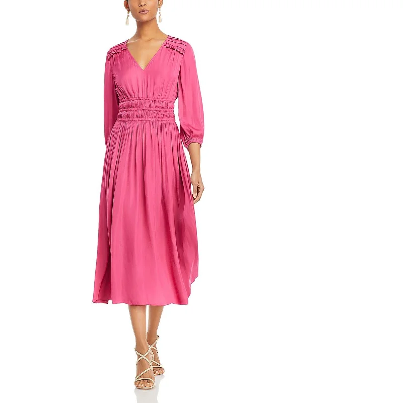 Womens V-Neck Ruffled Midi Dress