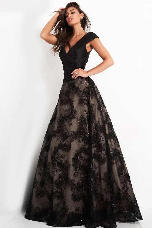 Jovani 03330 Black lace A line Evening Dress Satin Bodice Formal Wear Gown