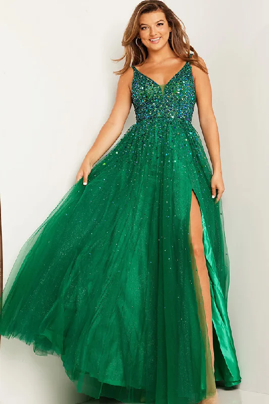 Special Price Jovani 38437 tulle A line prom dress stones paillettes slit v neckline
